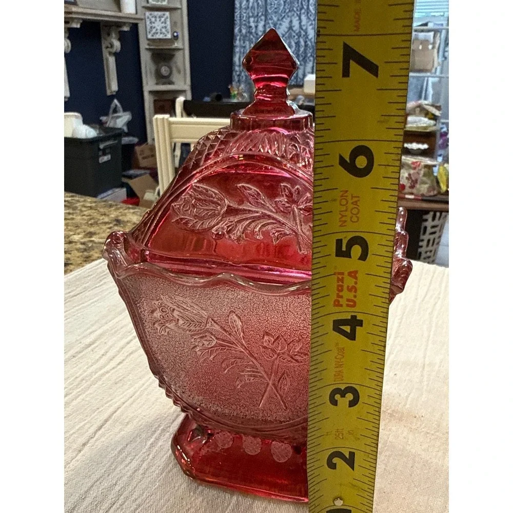 Vintage Ruby Red Glass Candy Dish with Lid Floral Rose Pattern Footed Square 7in